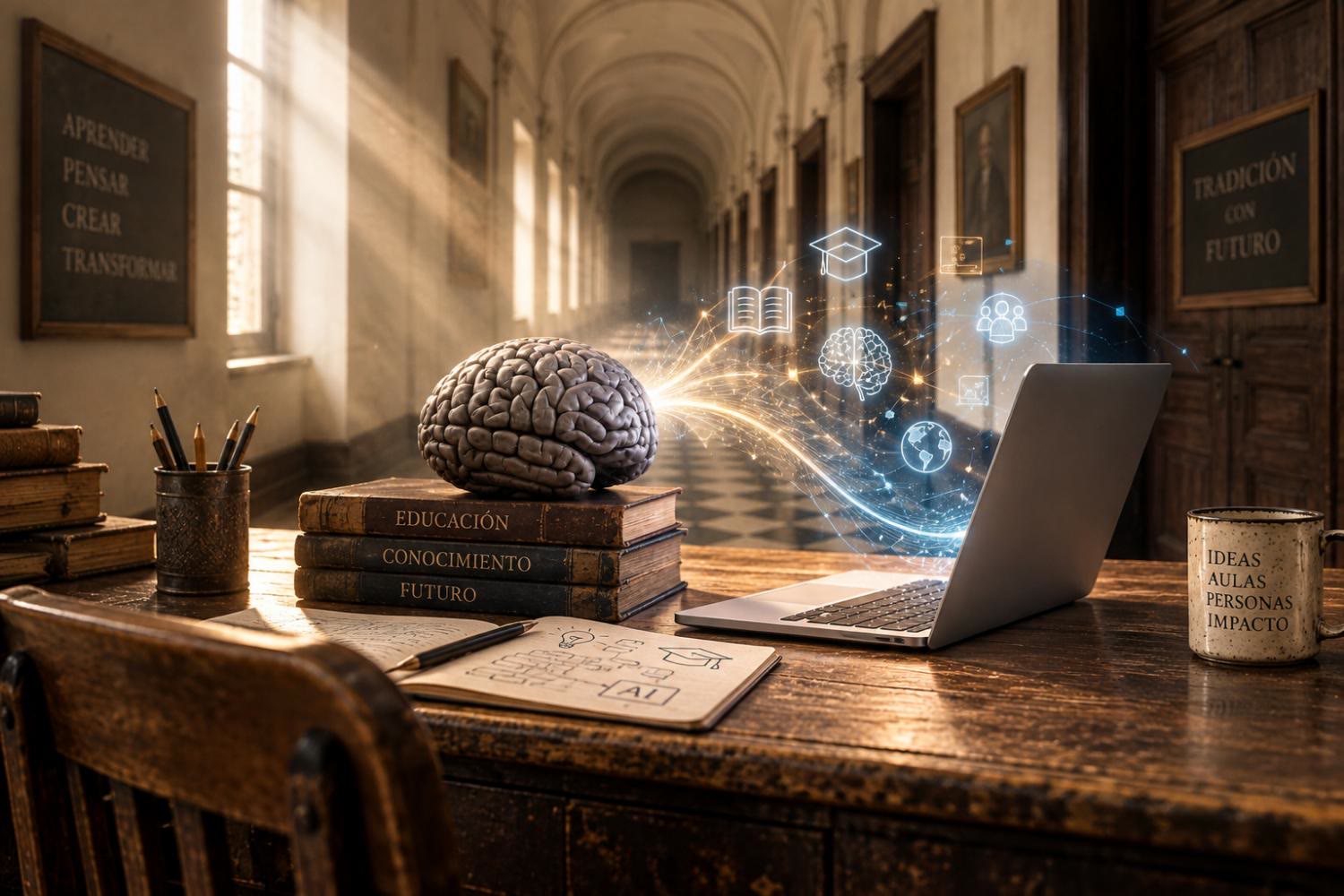 Escritorio de un colegio: libros de educación, un cerebro y un portátil con iconos de inteligencia artificial